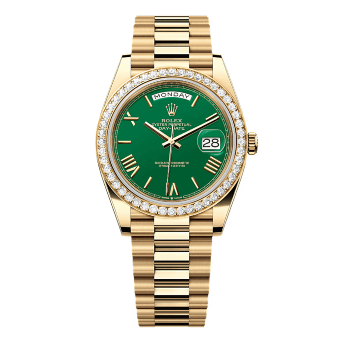 Rolex Day-Date Yellow Gold Green Dial Diamond Bezel Replica - Image 1